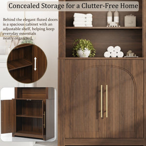 English Elm 70.87 Inch Tall Walnut Bookcase with Arched Cabinet Doors and Open Shelving for Home Office N751P488908A