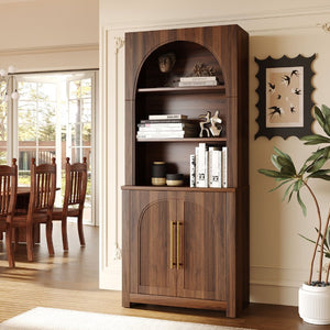English Elm 70.87 Inch Tall Walnut Bookcase with Arched Cabinet Doors and Open Shelving for Home Office N751P488908A