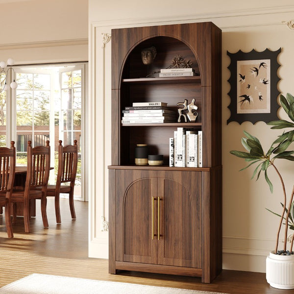 English Elm 70.87 Inch Tall Walnut Bookcase with Arched Cabinet Doors and Open Shelving for Home Office N751P488908A