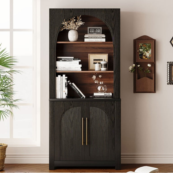 English Elm 70.87 Inch Tall Black Bookcase with Open Shelving Arched Cabinet Doors for Modern Living N751P488908B