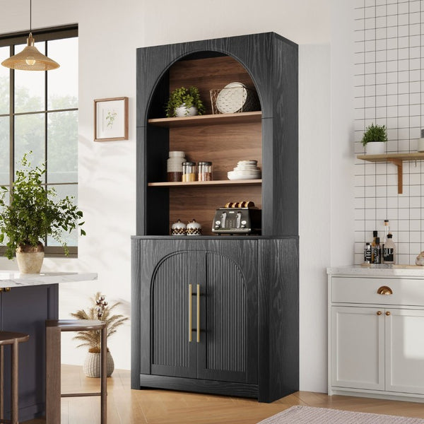 English Elm 70.87 Inch Tall Black Bookcase with Open Shelving Arched Cabinet Doors for Modern Living N751P488908B