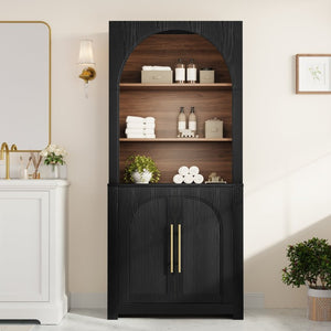 English Elm 70.87 Inch Tall Black Bookcase with Open Shelving Arched Cabinet Doors for Modern Living N751P488908B