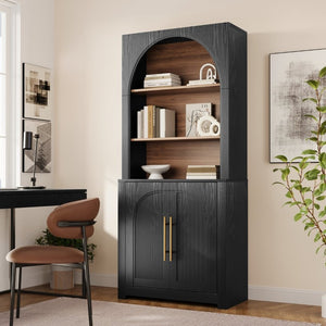 English Elm 70.87 Inch Tall Black Bookcase with Open Shelving Arched Cabinet Doors for Modern Living N751P488908B