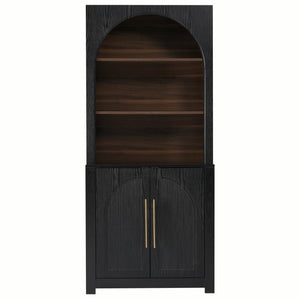 English Elm 70.87 Inch Tall Black Bookcase with Open Shelving Arched Cabinet Doors for Modern Living N751P488908B