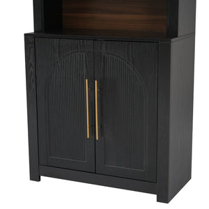 English Elm 70.87 Inch Tall Black Bookcase with Open Shelving Arched Cabinet Doors for Modern Living N751P488908B