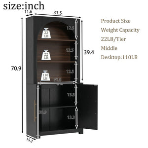 English Elm 70.87 Inch Tall Black Bookcase with Open Shelving Arched Cabinet Doors for Modern Living N751P488908B