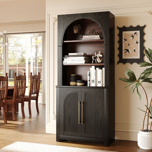 English Elm 70.87 Inch Tall Black Bookcase with Open Shelving Arched Cabinet Doors for Modern Living N751P488908B