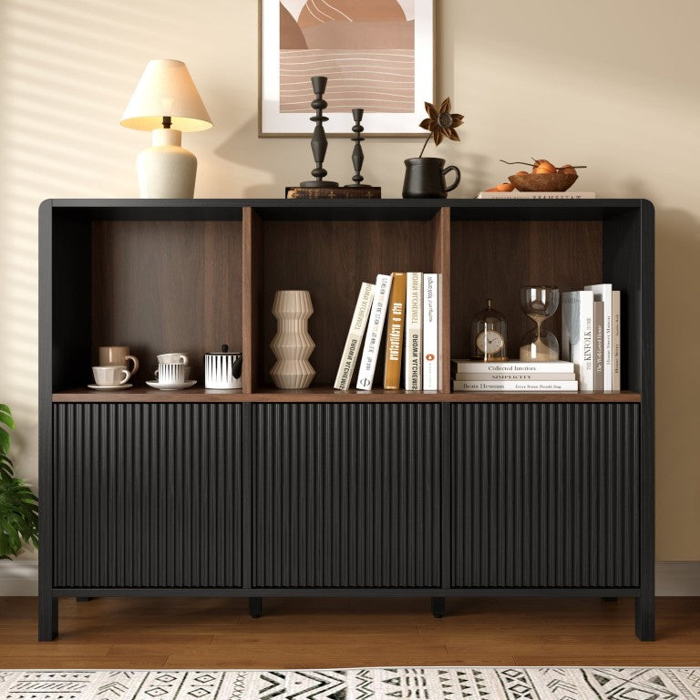 English Elm Modern Fluted Three Door Cabinet with Open Shelving for Living Room or Home Office Black N751P488928B