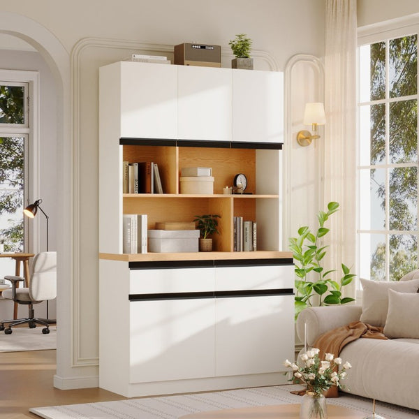 English Elm Large Two-Tone Walnut Bookcase with Enclosed Cabinets Drawers and Open Display Shelving N751S488901K