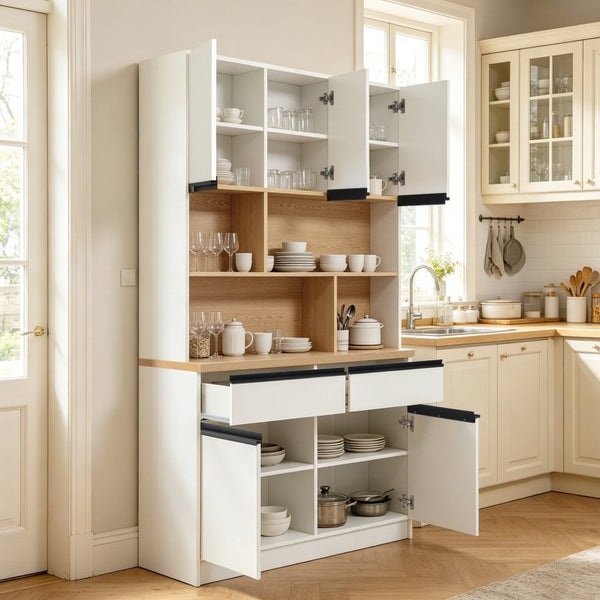 English Elm Large Two-Tone Walnut Bookcase with Enclosed Cabinets Drawers and Open Display Shelving N751S488901K
