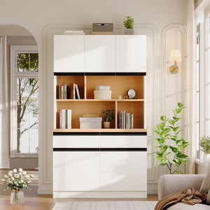 English Elm Large Two-Tone Walnut Bookcase with Enclosed Cabinets Drawers and Open Display Shelving N751S488901K