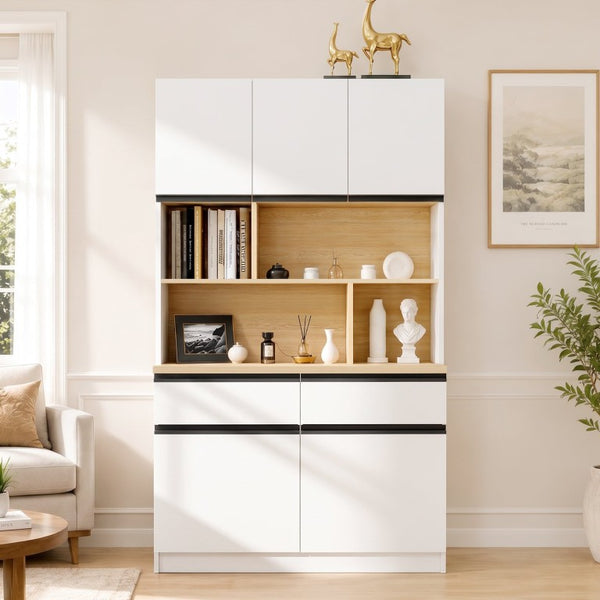 English Elm Large Two-Tone Walnut Bookcase with Enclosed Cabinets Drawers and Open Display Shelving N751S488901K