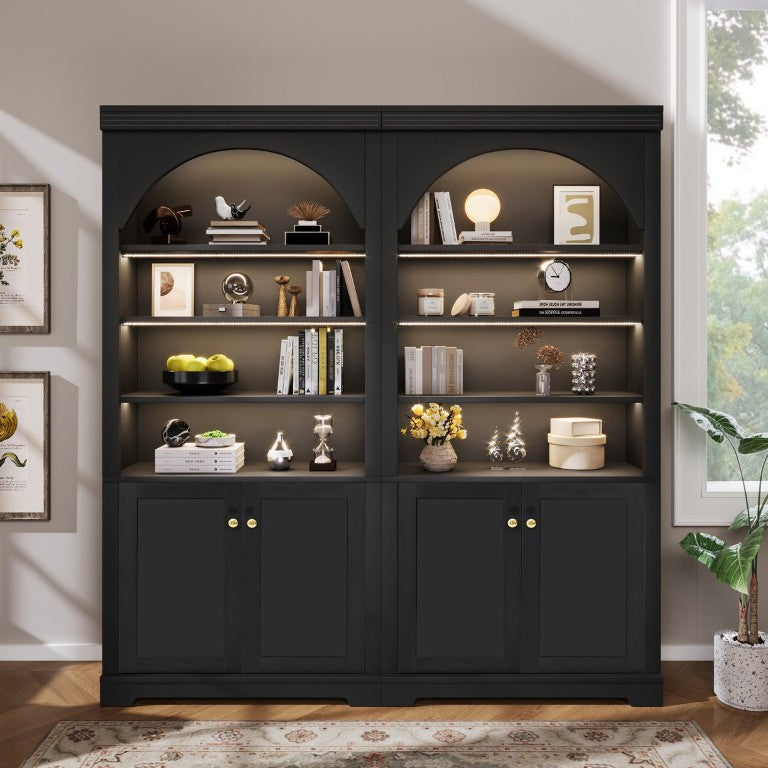 English Elm Tall Arched Bookcase with LED Lit Shelves and Cabinet Storage for Modern Living Rooms N751S819558B