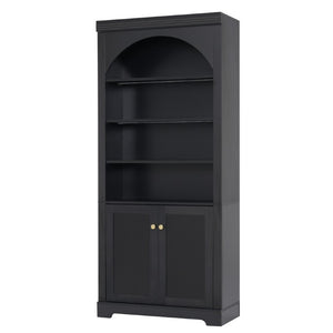 English Elm Tall Arched Bookcase with LED Lit Shelves and Cabinet Storage for Modern Living Rooms N751S819558B