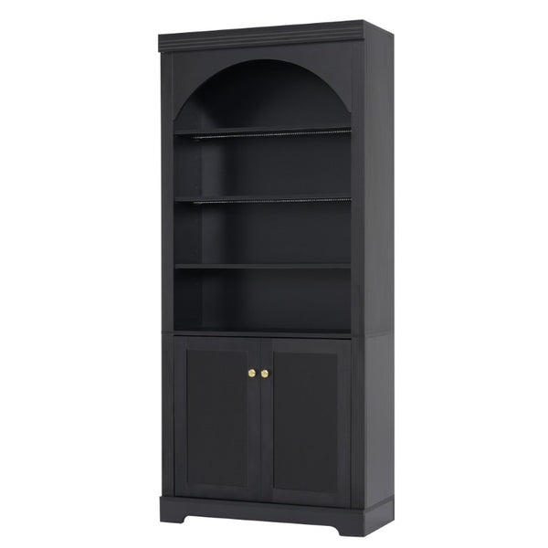 English Elm Tall Arched Bookcase with LED Lit Shelves and Cabinet Storage for Modern Living Rooms N751S819558B