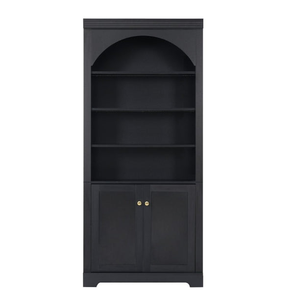 English Elm Tall Arched Bookcase with LED Lit Shelves and Cabinet Storage for Modern Living Rooms N751S819558B