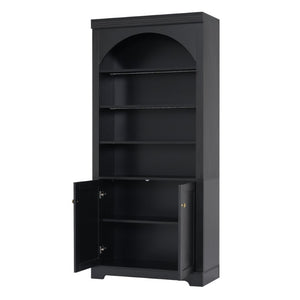 English Elm Tall Arched Bookcase with LED Lit Shelves and Cabinet Storage for Modern Living Rooms N751S819558B