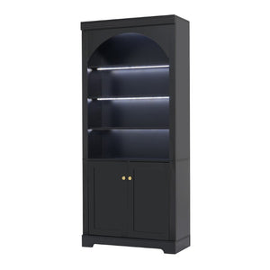 English Elm Tall Arched Bookcase with LED Lit Shelves and Cabinet Storage for Modern Living Rooms N751S819558B