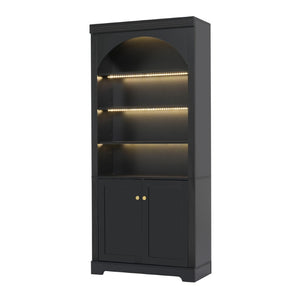 English Elm Tall Arched Bookcase with LED Lit Shelves and Cabinet Storage for Modern Living Rooms N751S819558B