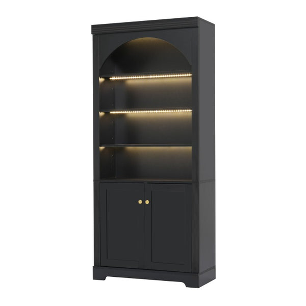 English Elm Tall Arched Bookcase with LED Lit Shelves and Cabinet Storage for Modern Living Rooms N751S819558B