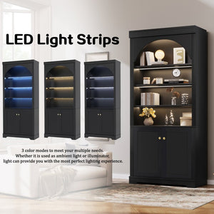 English Elm Tall Arched Bookcase with LED Lit Shelves and Cabinet Storage for Modern Living Rooms N751S819558B