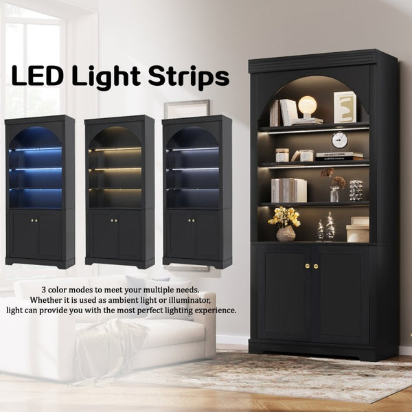 English Elm Tall Arched Bookcase with LED Lit Shelves and Cabinet Storage for Modern Living Rooms N751S819558B