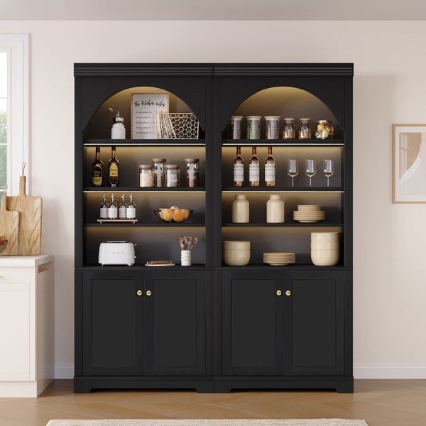English Elm Tall Arched Bookcase with LED Lit Shelves and Cabinet Storage for Modern Living Rooms N751S819558B
