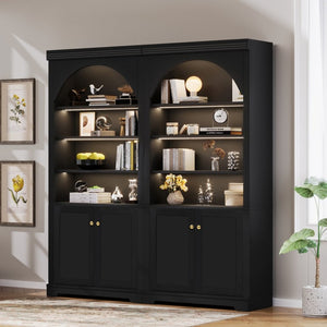 English Elm Tall Arched Bookcase with LED Lit Shelves and Cabinet Storage for Modern Living Rooms N751S819558B