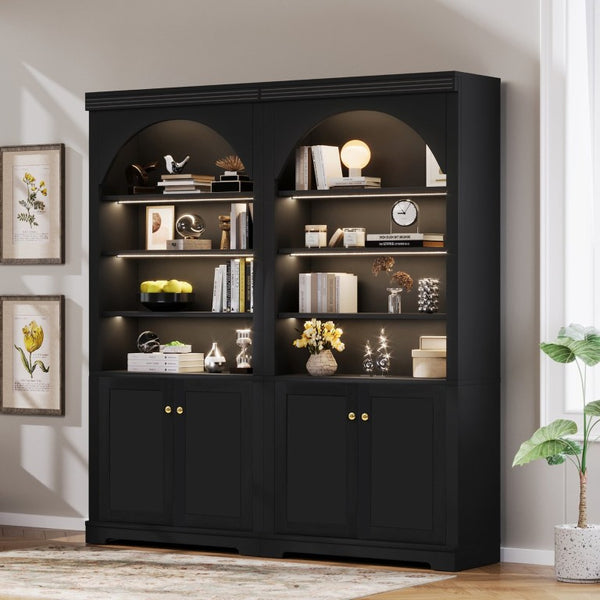 English Elm Tall Arched Bookcase with LED Lit Shelves and Cabinet Storage for Modern Living Rooms N751S819558B