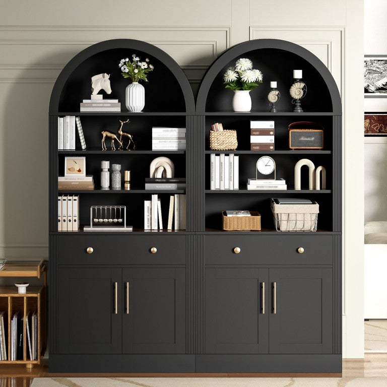 English Elm Arched Tall Bookcase with Adjustable Shelves Drawers and Cabinet Doors for Home Office Black MDF N751S819559B