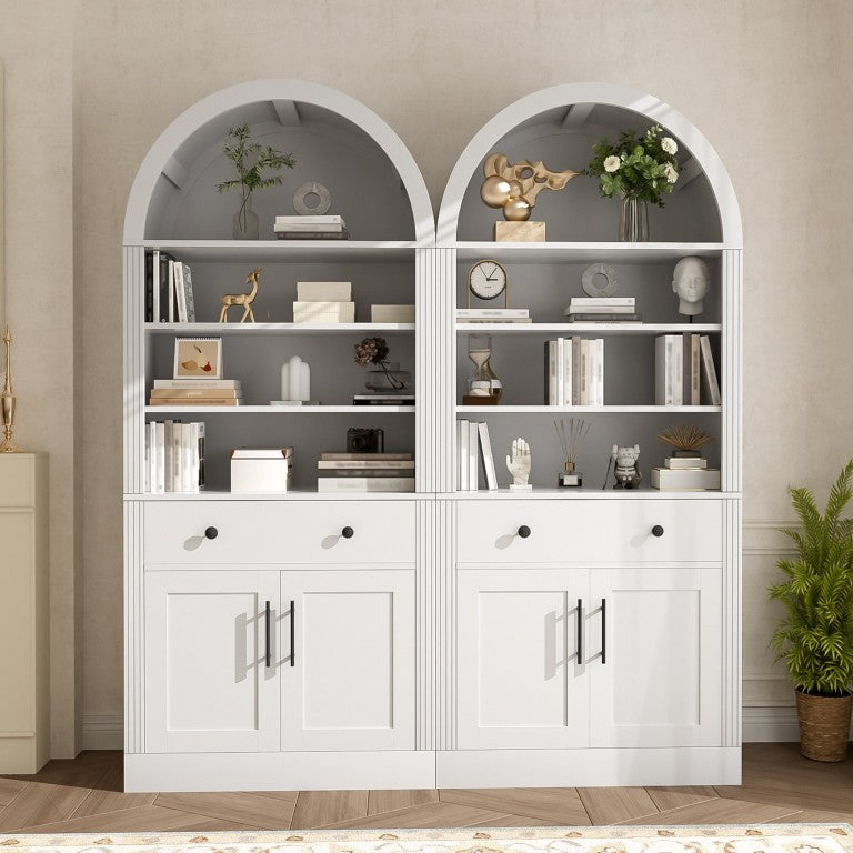 English Elm Arched Tall Bookcase with Adjustable Shelves Drawers and Cabinet Doors for Living Room N751S819559K