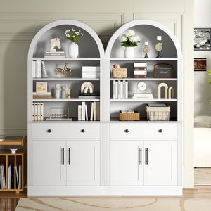English Elm Arched Tall Bookcase with Adjustable Shelves Drawers and Cabinet Doors for Living Room N751S819559K