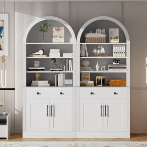 English Elm Arched Tall Bookcase with Adjustable Shelves Drawers and Cabinet Doors for Living Room N751S819559K