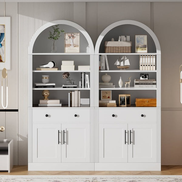 English Elm Arched Tall Bookcase with Adjustable Shelves Drawers and Cabinet Doors for Living Room N751S819559K