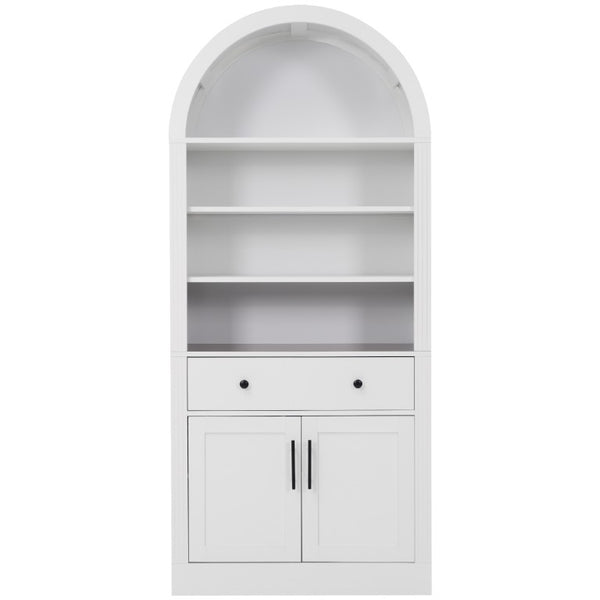 English Elm Arched Tall Bookcase with Adjustable Shelves Drawers and Cabinet Doors for Living Room N751S819559K