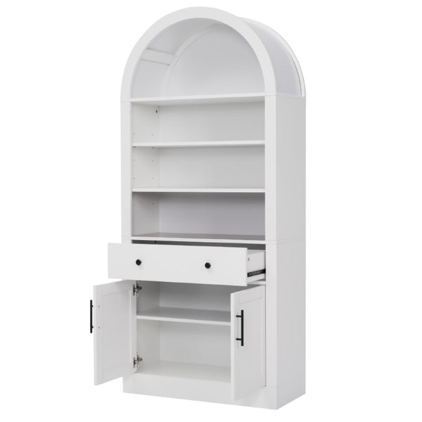 English Elm Arched Tall Bookcase with Adjustable Shelves Drawers and Cabinet Doors for Living Room N751S819559K