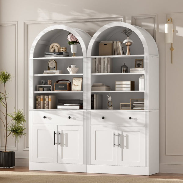 English Elm Arched Tall Bookcase with Adjustable Shelves Drawers and Cabinet Doors for Living Room N751S819559K