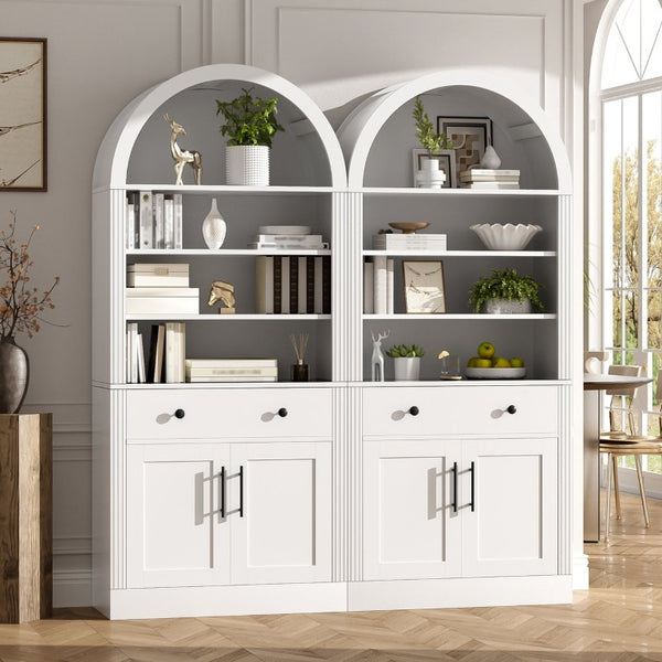 English Elm Arched Tall Bookcase with Adjustable Shelves Drawers and Cabinet Doors for Living Room N751S819559K