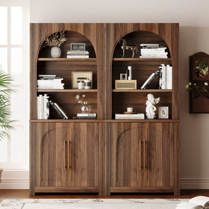 English Elm 70.87 Inch Tall Walnut Bookcase with Arched Cabinet Doors and Open Display Shelving N751S910488A