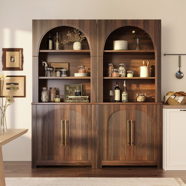 English Elm 70.87 Inch Tall Walnut Bookcase with Arched Cabinet Doors and Open Display Shelving N751S910488A
