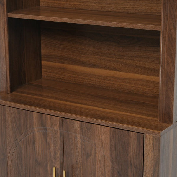 English Elm 70.87 Inch Tall Walnut Bookcase with Arched Cabinet Doors and Open Display Shelving N751S910488A