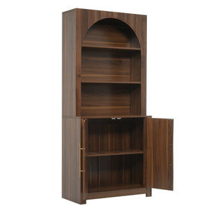 English Elm 70.87 Inch Tall Walnut Bookcase with Arched Cabinet Doors and Open Display Shelving N751S910488A