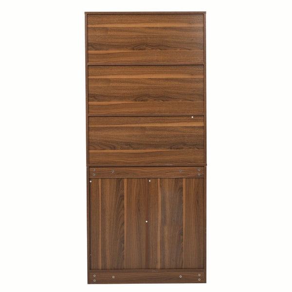 English Elm 70.87 Inch Tall Walnut Bookcase with Arched Cabinet Doors and Open Display Shelving N751S910488A