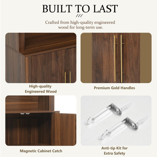 English Elm 70.87 Inch Tall Walnut Bookcase with Arched Cabinet Doors and Open Display Shelving N751S910488A