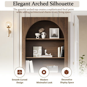 English Elm 70.87 Inch Tall Walnut Bookcase with Arched Cabinet Doors and Open Display Shelving N751S910488A