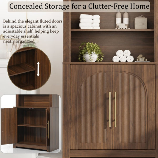 English Elm 70.87 Inch Tall Walnut Bookcase with Arched Cabinet Doors and Open Display Shelving N751S910488A