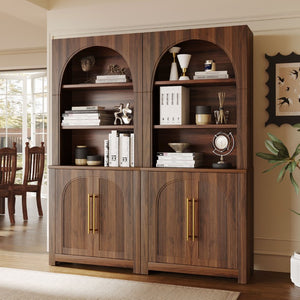 English Elm 70.87 Inch Tall Walnut Bookcase with Arched Cabinet Doors and Open Display Shelving N751S910488A