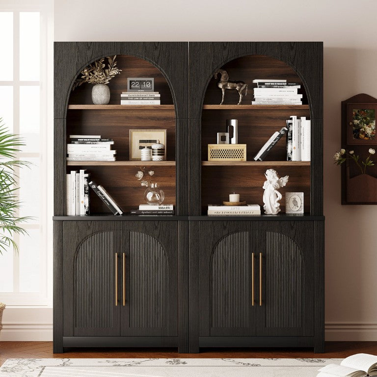 English Elm 70.87 Inch Tall Black Bookcase with Arched Cabinet Doors and Open Shelving for Any Room N751S910488B