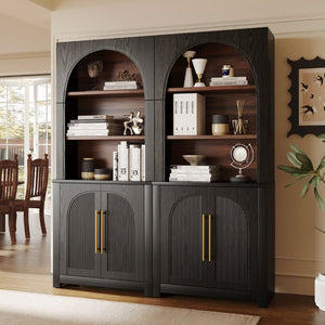 English Elm 70.87 Inch Tall Black Bookcase with Arched Cabinet Doors and Open Shelving for Any Room N751S910488B