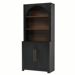 English Elm 70.87 Inch Tall Black Bookcase with Arched Cabinet Doors and Open Shelving for Any Room N751S910488B